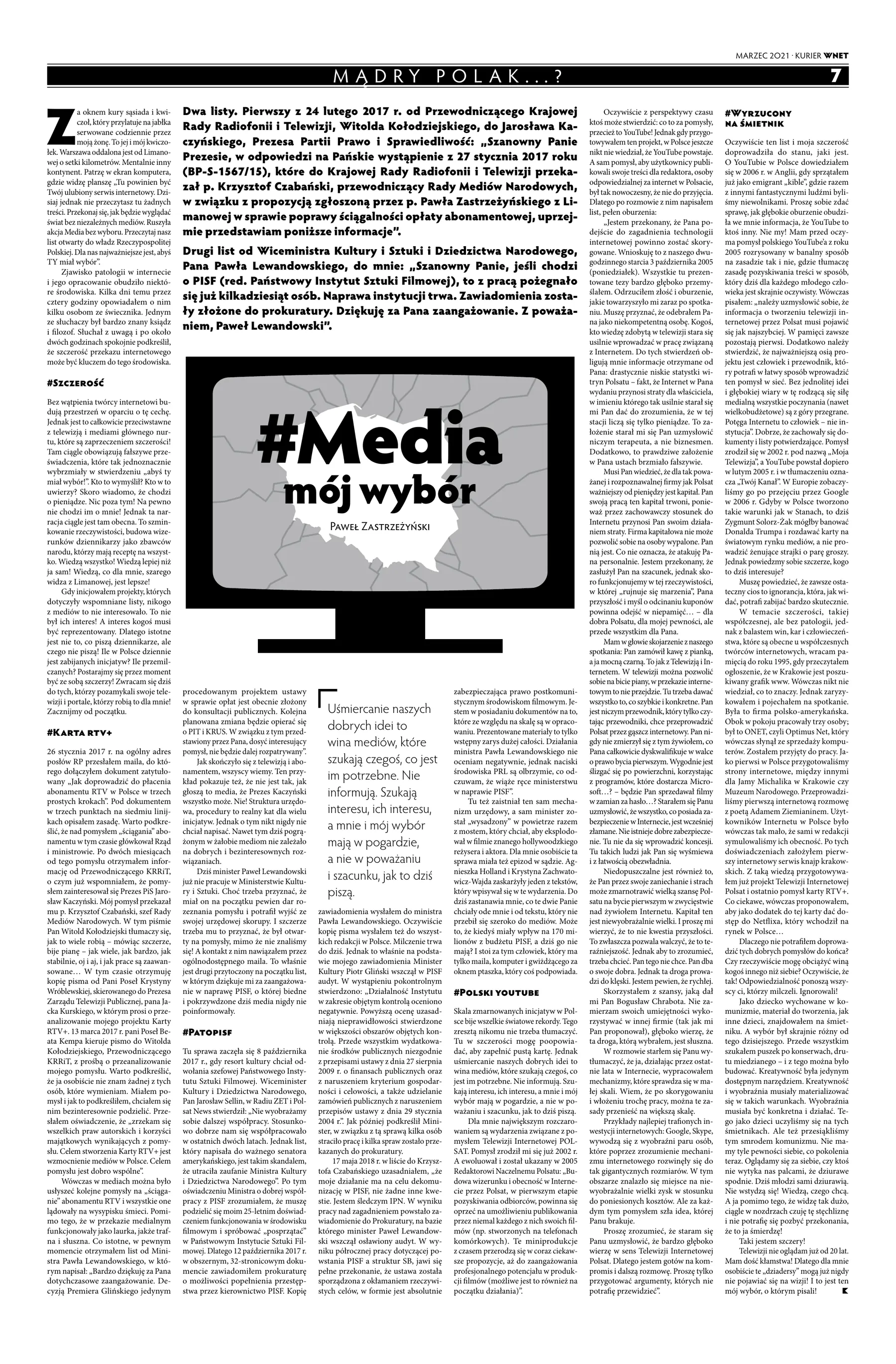 Artykuł Media mój wybór Pawła Zastrzeżyńskiego w Kurierze WNET