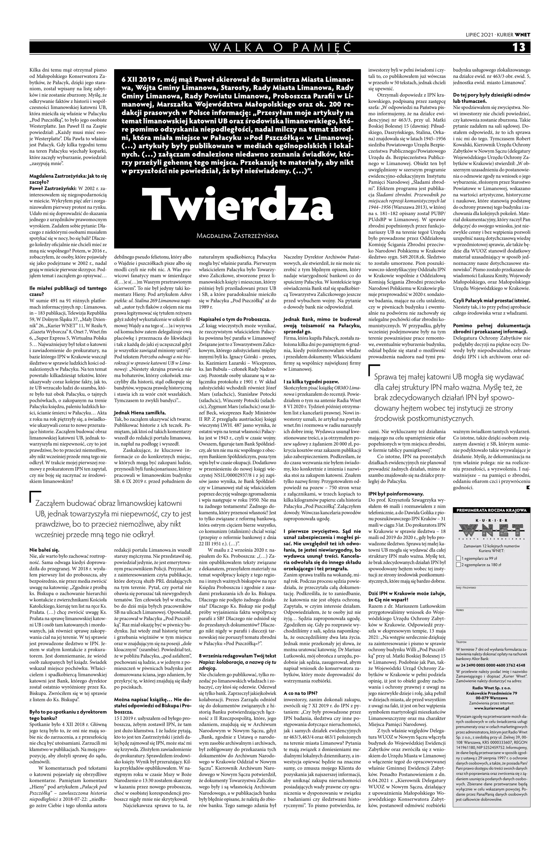 Wywiad Twierdza z Magdaleną Zastrzeżyńską w Kurierze WNET