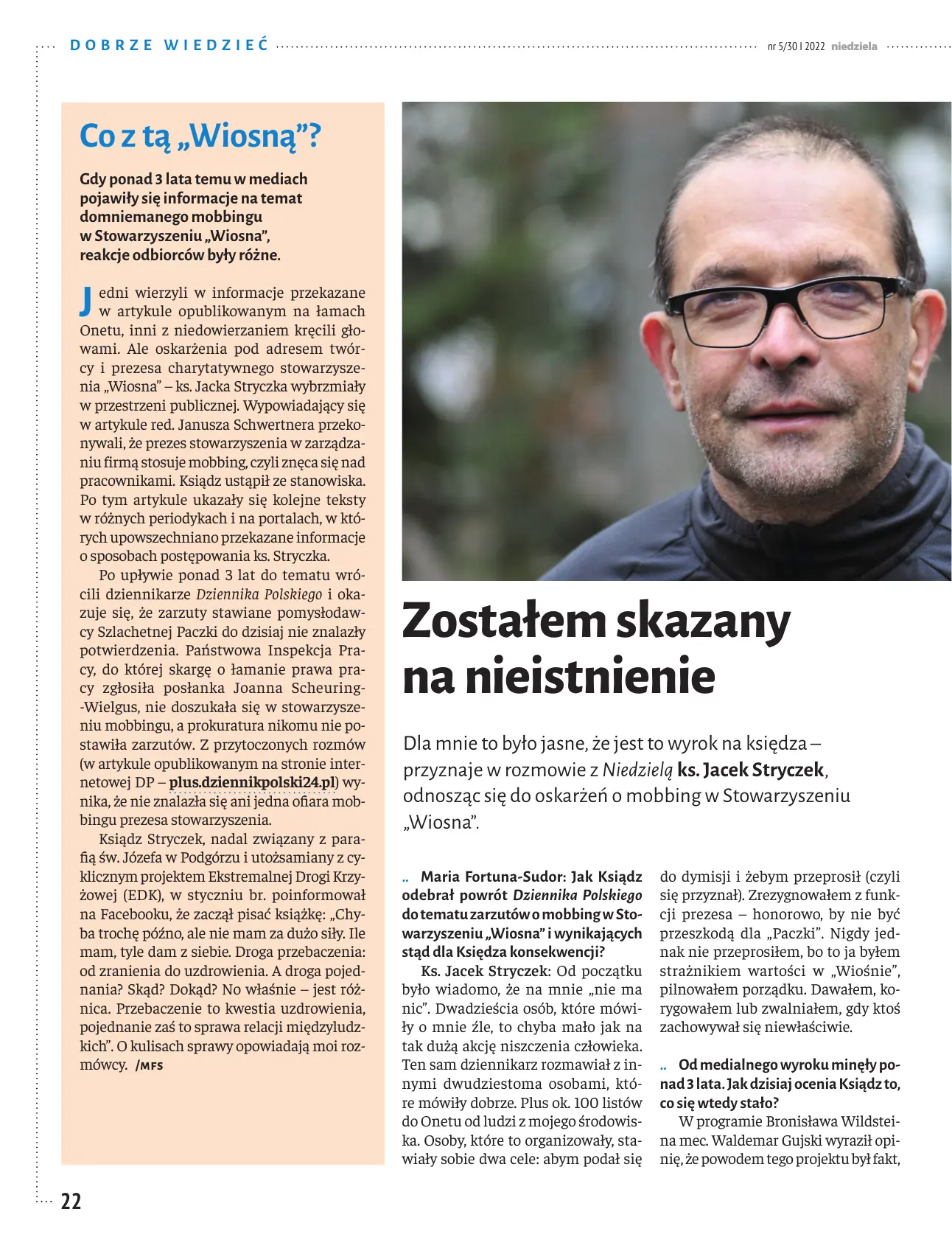 Pierwsza strona wywiadu Zostałem skazany na nieistnienie w tygodniku Niedziela